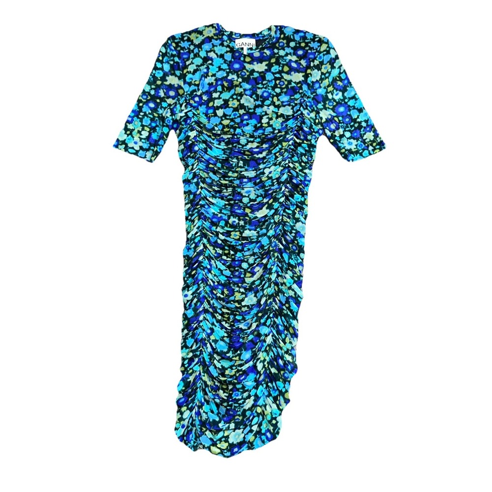GANNI Azure Blue‎ Ruched Abstract Floral Stretch Mesh Dress Size 36